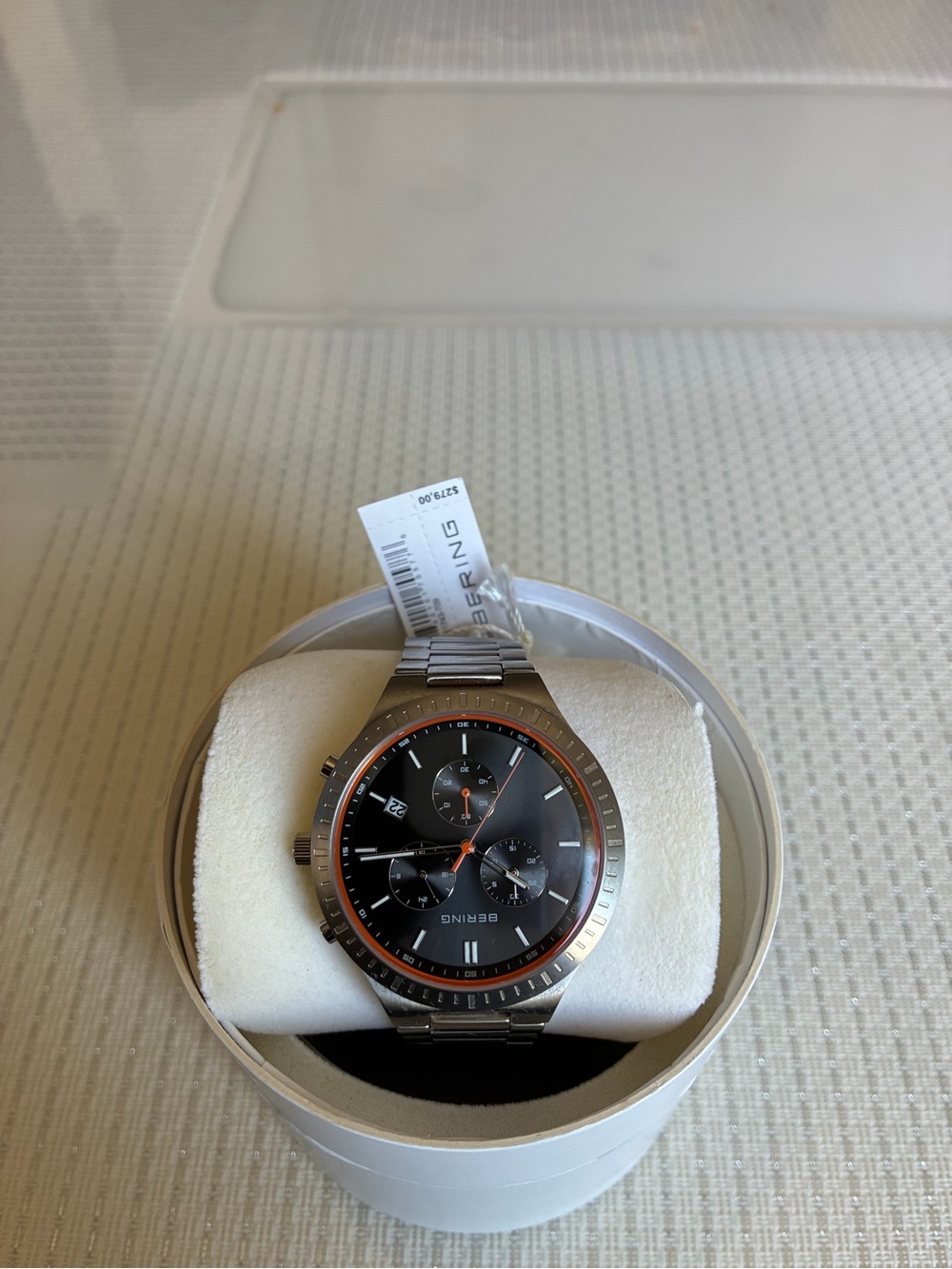 Bering Men's Stainless Steel Black Dial Chronograph Watch with Orange Accent